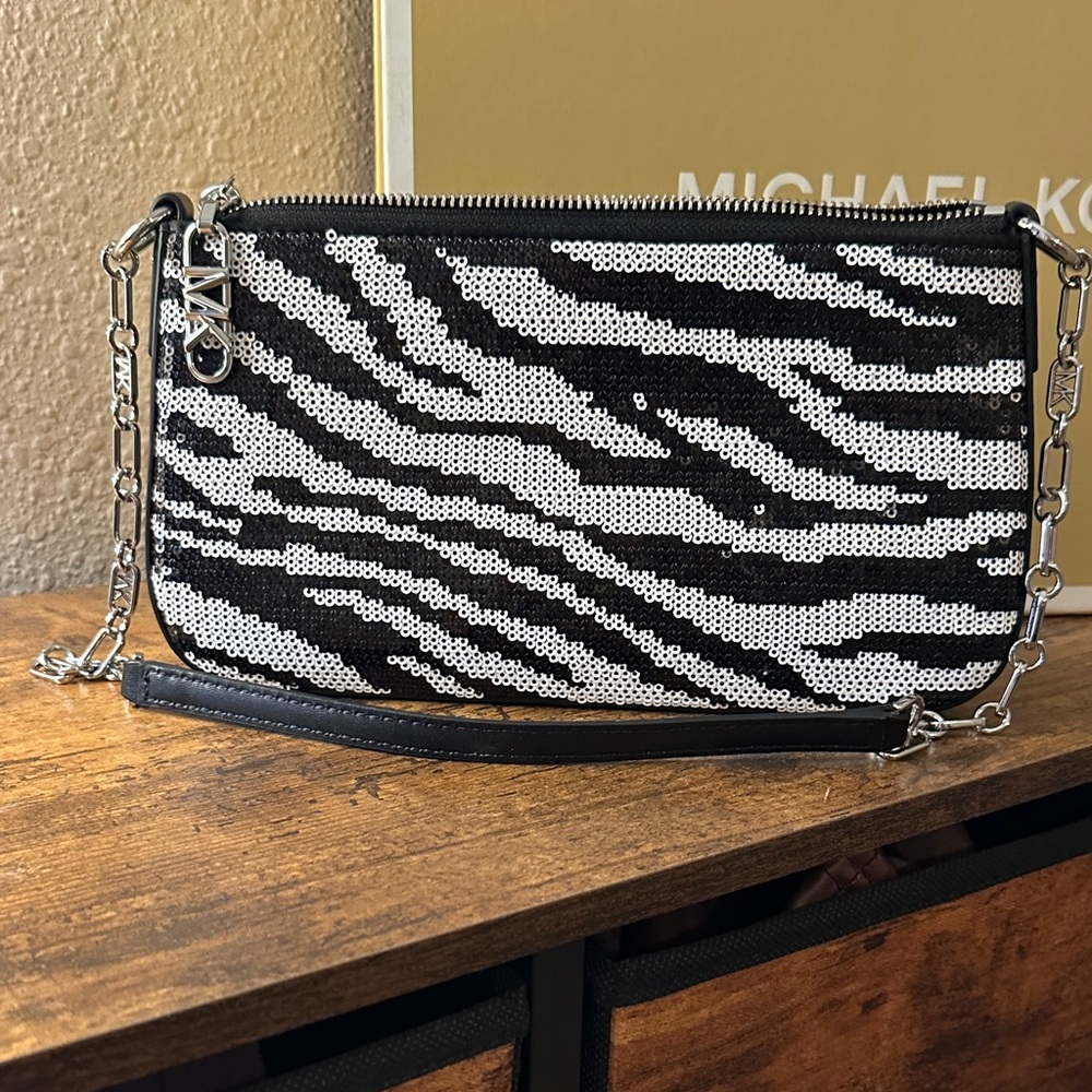 Michael Kors Empire Medium Chain Pouchette with sequin zebra design
